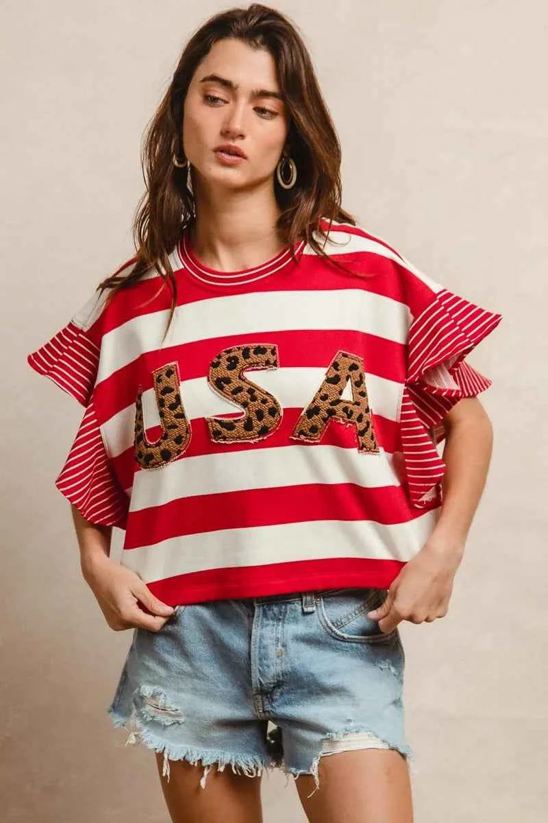 BiBi Stripe Mixed Ruffle Sleeve Top With Leopard Letter 1572f60f474d4676bdeafd87a2ac197f-Max-Origin