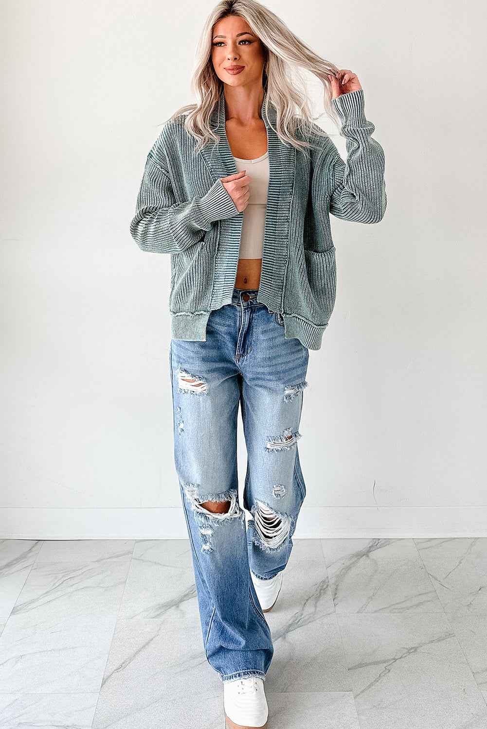 Chestnut Mineral Wash Exposed Seam Patchwork Knit Open Sweater Cardigan 1573a249cfd8a5fc