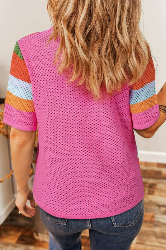 Orange Colorblock Eyelet Casual Knit T Shirt 1573ca49787601fb-_2
