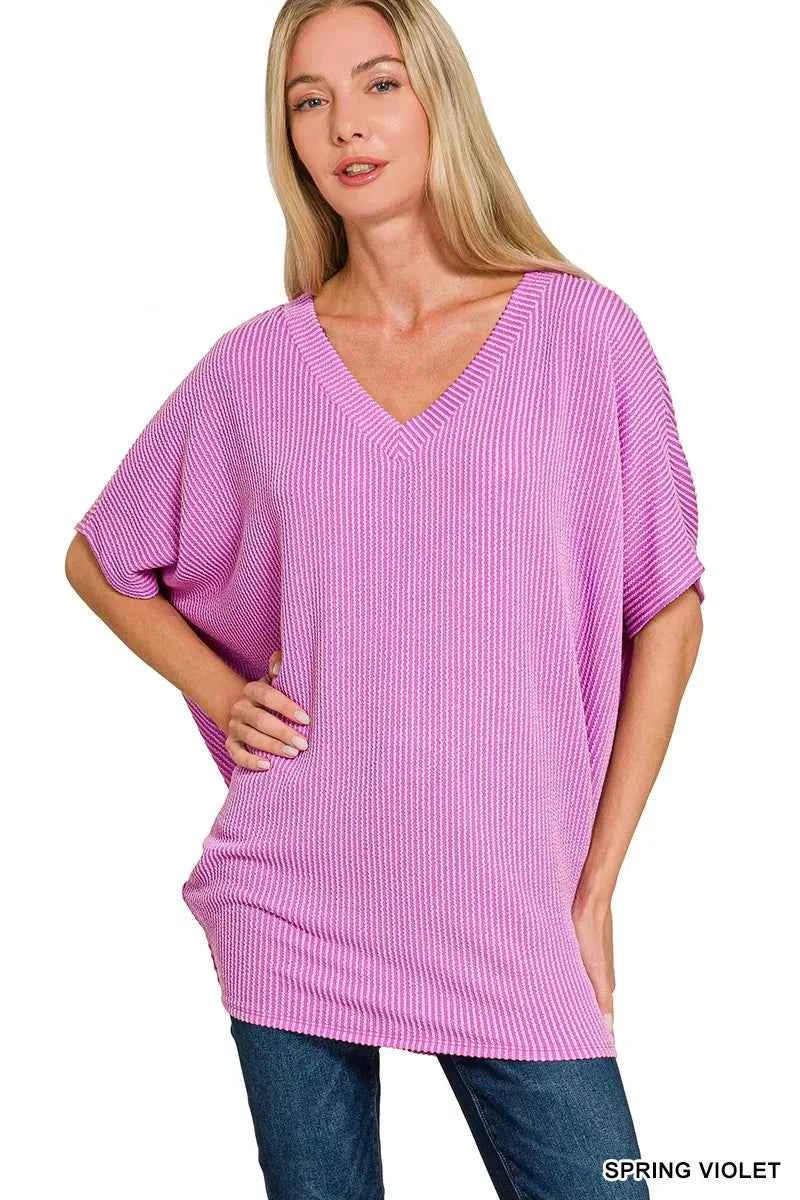 Zenana Raised Rib V-Neck Batwing Top SPRING VIOLET 1576aac33203489a988e8f71c65d18d7-Max-Origin