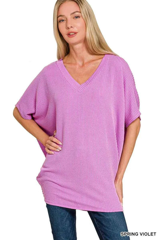 Raised Rib V-Neck Batwing Top SPRING VIOLET 1576aac33203489a988e8f71c65d18d7-Max-Origin