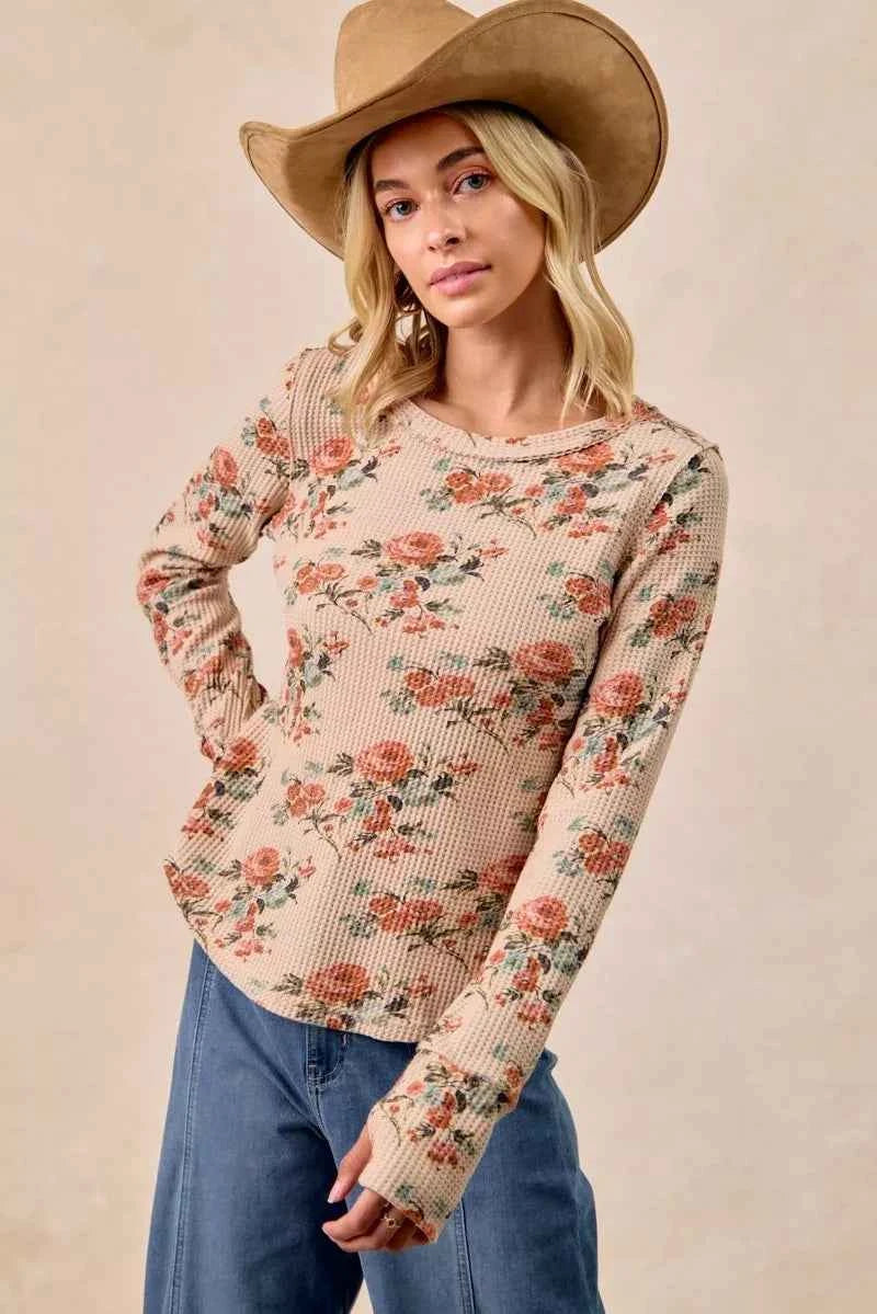 BiBi Floral Print Washed Waffle Thermal Top with Thumb 15787f915a244b98b3a95477b36a7062-Max-Origin