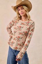 BiBi Floral Print Washed Waffle Thermal Top with Thumb 15787f915a244b98b3a95477b36a7062-Max-Origin