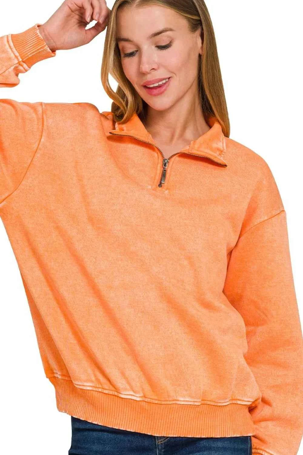 Zenana Acid Wash Fleece Half Zip Pullover Sweatshirt LT ORANGE 157cff28-a2de-4c5a-b7ef-de21d5be3bcc-Max-Origin