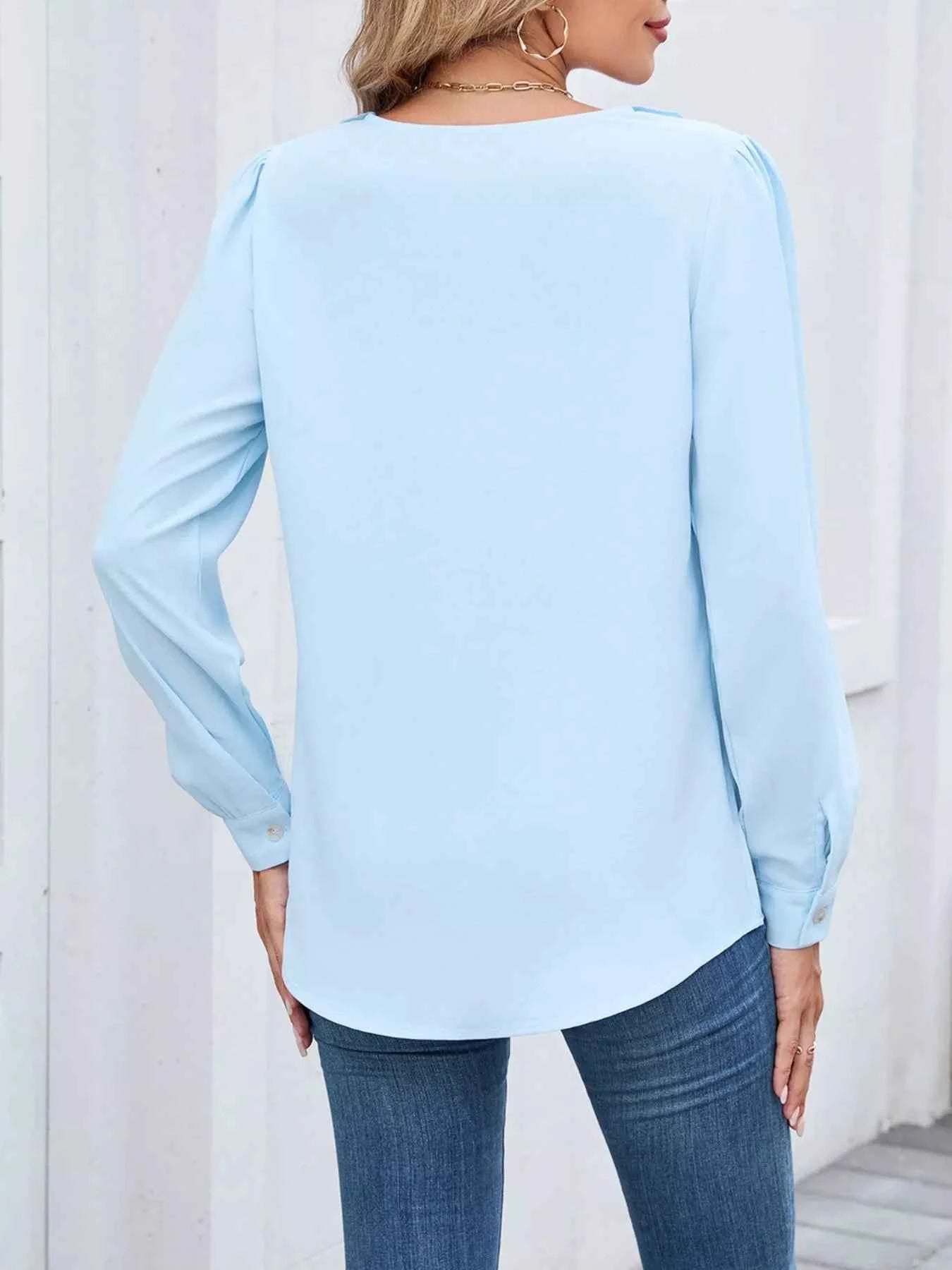 Ruffled V-Neck Long Sleeve Blouse 1581fbe2-7272-4974-bdae-26bf1d5dc6a2-Max-Origin