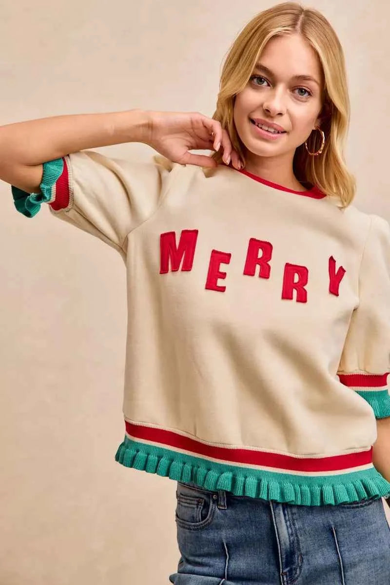 BiBi Christmas Merry Letter Patches Contrast Banded Top 1582843f5b384d3591da7411a517eff4-Max-Origin