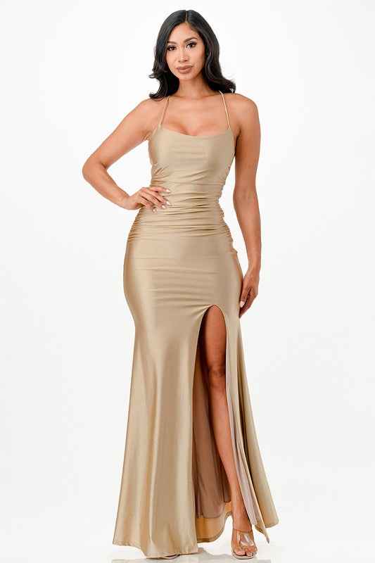 Back lace up mermaid dress with waist shirring Dark Beige 15848389_05a81b86-2a7c-424d-8c5f-bbdd2a75995a