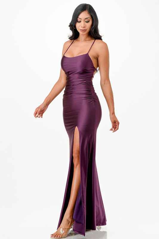 Back lace up mermaid dress with waist shirring Eggplant 15848389_dc141486-b525-4147-acc5-2642ac31c807