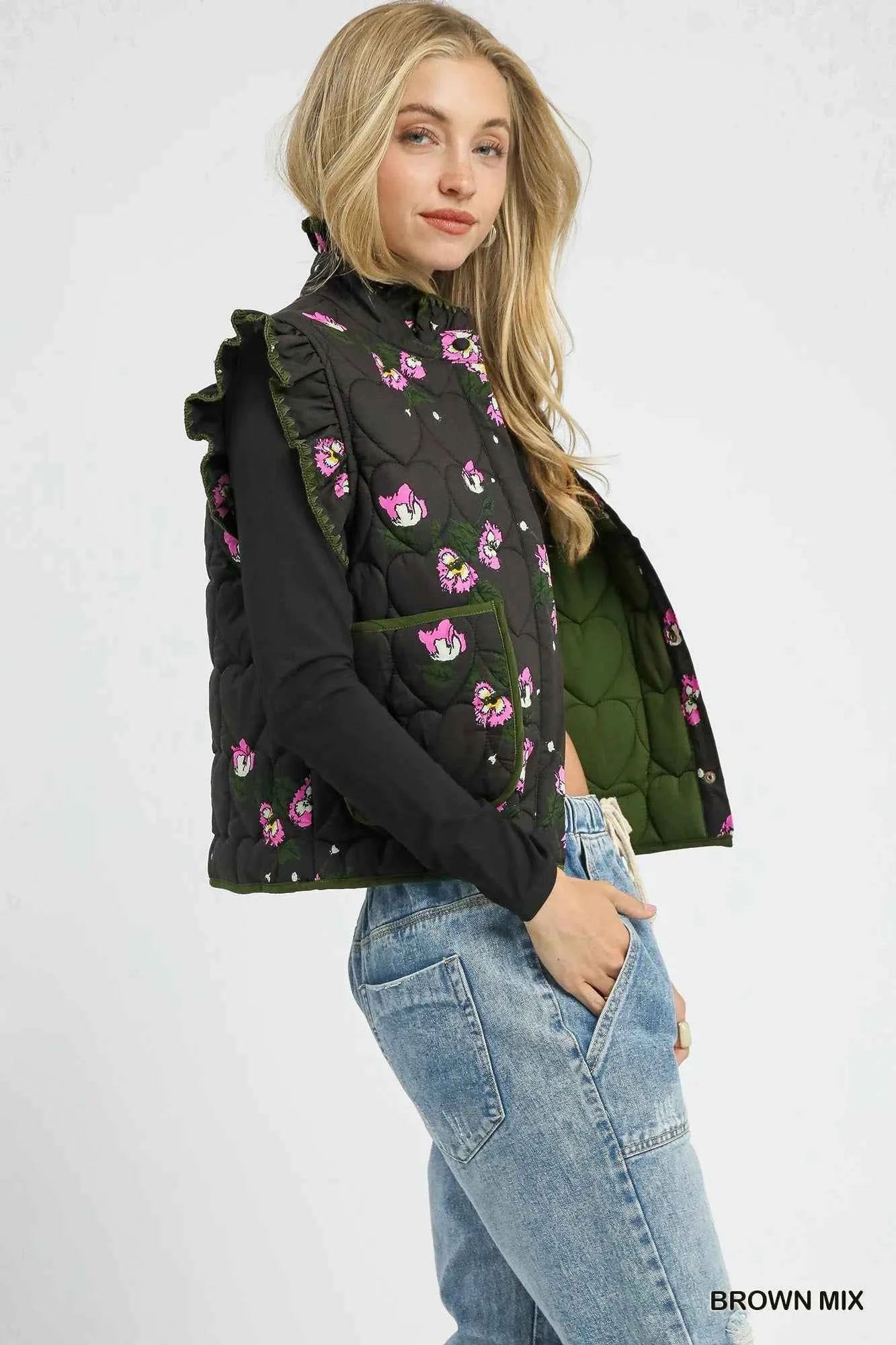 Umgee Ruffled Quilted Floral Snap Down Vest 1585702e-e0e3-43e3-8e4f-5cffe711fb5f-Max-Origin