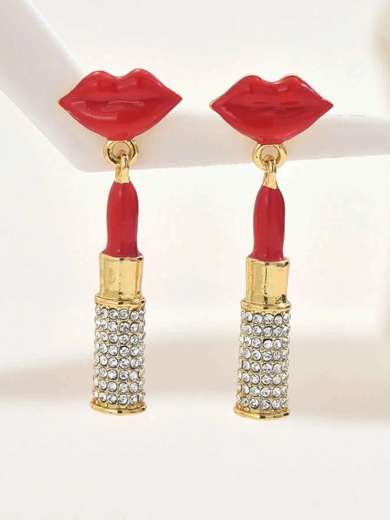 Stainless Steel Resin Lips Lipstick Rhinestone Earrings 1587287b-d44a-4439-a3f5-669ee9883fe7-Max-Origin