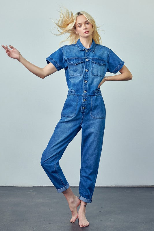 Collared Button Front Denim Jumpsuit MEDIUM 15899102_7880b54b-f948-4103-b4c2-14a8d4acdbfc