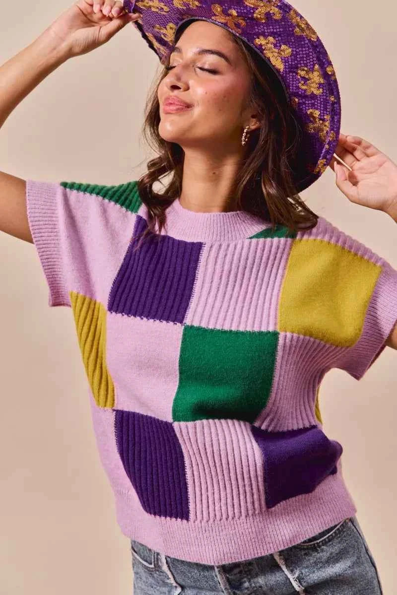 SO ME Mardi Gras Check Plaid Casual Sweater Top 1592627becb44e0d878e99e6249c3d81-Max-Origin