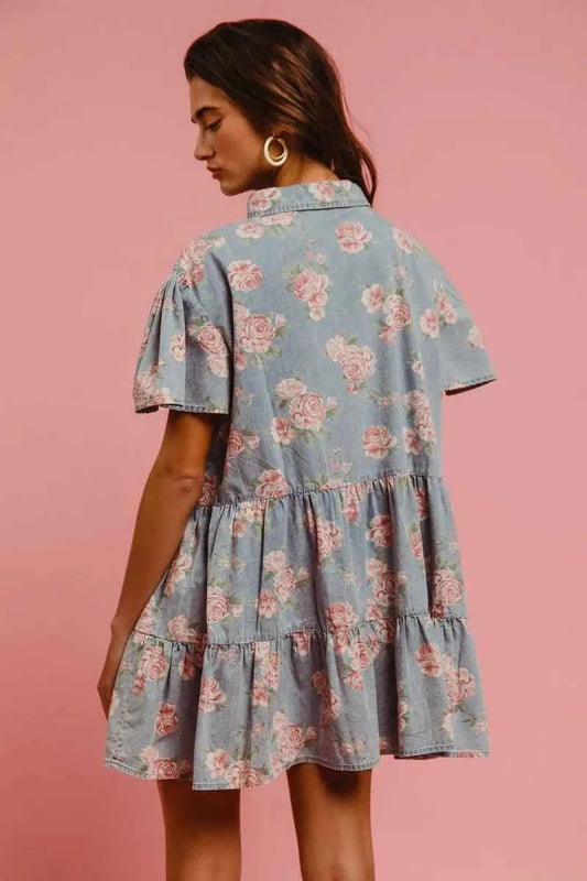 Floral Print Washed Lightweight Tiered Shirt Dress 1593643eca6b4e19b47fc9266193a370-Max-Origin