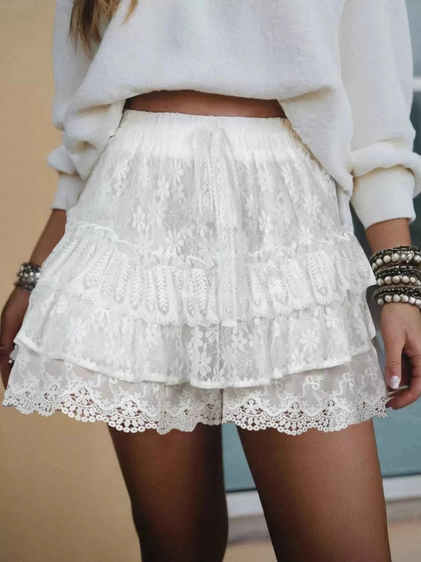 Lace Ruffle Tiered Drawstring Elastic Waist Shorts White 1593c90f0d3543619bb21310b83398fc-Max-Origin