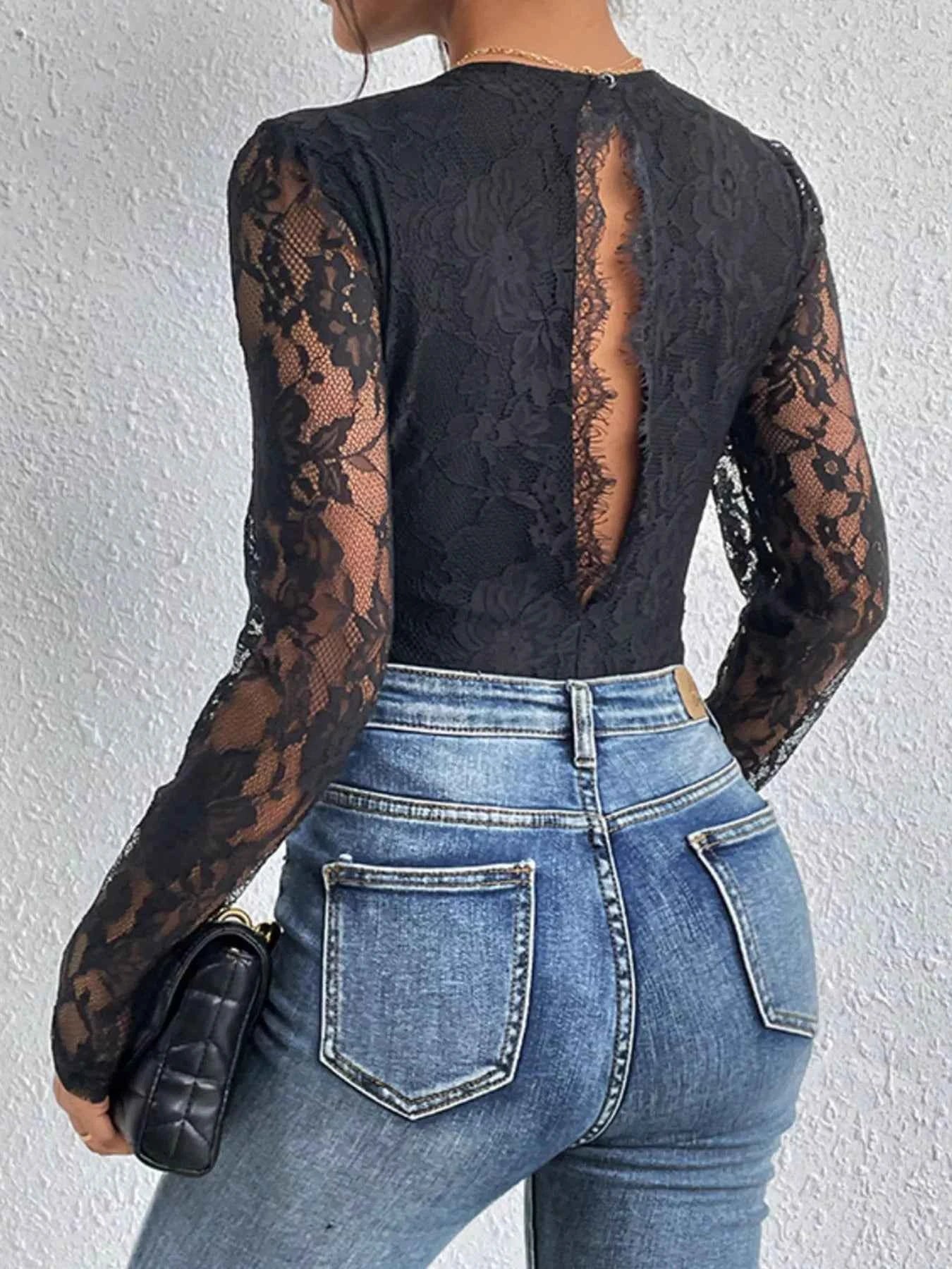 Lace V-Neck Long Sleeve Bodysuit 1596ff37-49a8-483b-8256-d0611fc90dd4-Max-Origin