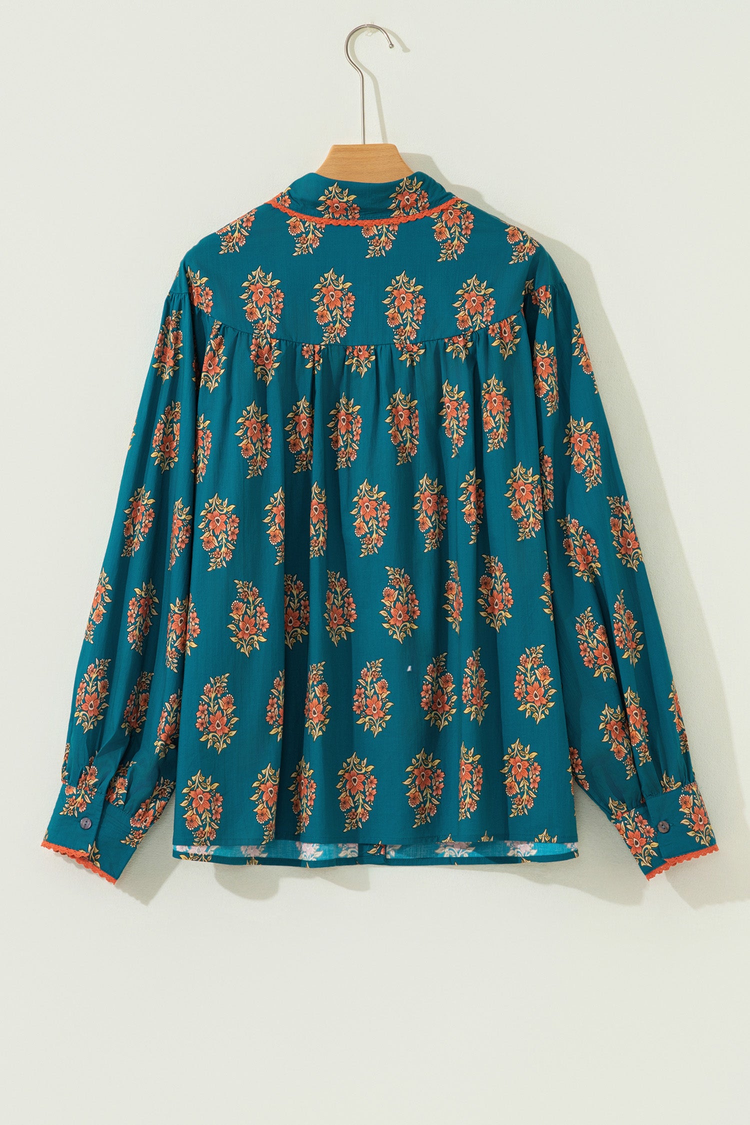 Green Plus Size Floral Print Contrast Lacy Trim Pleated Loose Shirt 15988c7acb85f8c2