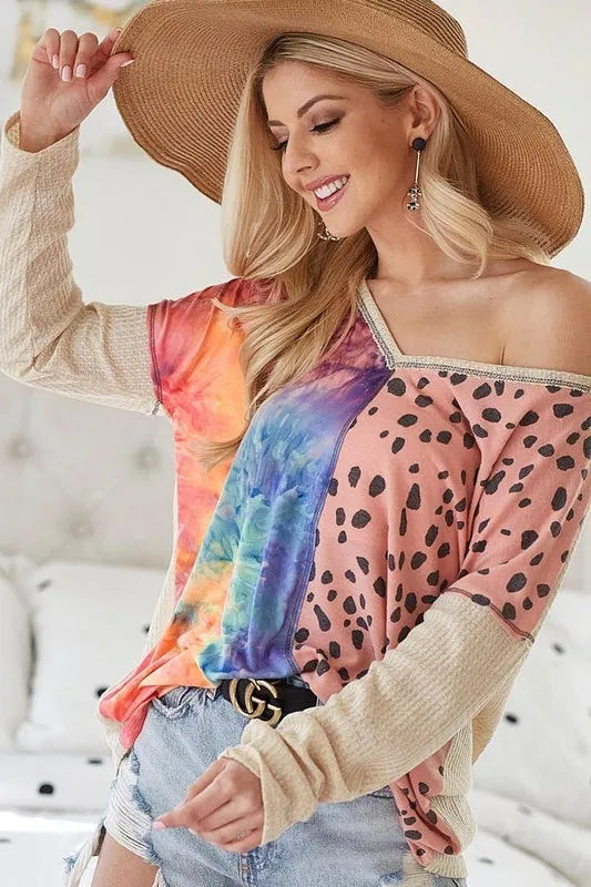 BiBi Print Block V Neck Top with Contrast Stitching 159a1cfb72854ae5bc11961295100f19-Max-Origin