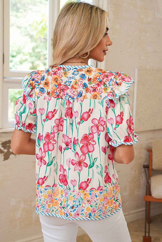Pink Floral Print Striped Detail Split Neck Short Sleeve Blouse 159a6a949ae2b8cd
