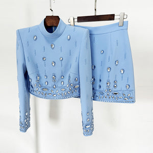 Rhinestone High-Neck Two-Piece Skirt Set blue 15D0256E0003E28CBCB6D6FC9558F662