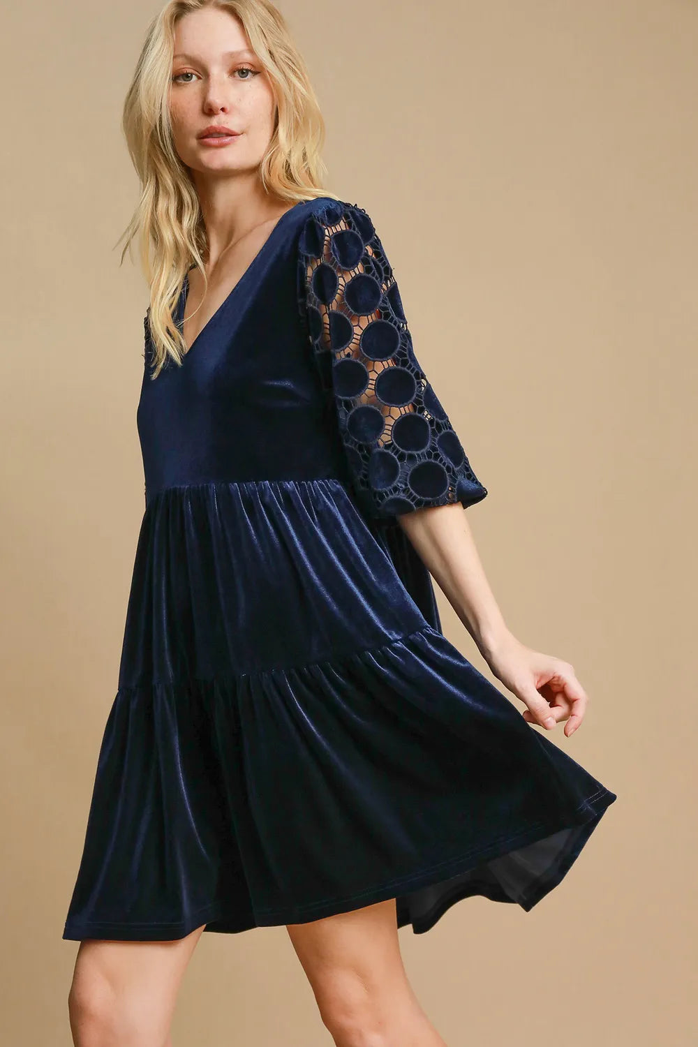 Umgee Dotted Lace Sleeve Tiered Velvet Mini Dress 15a0356d-13dd-417d-9960-eb406300eb73-Max