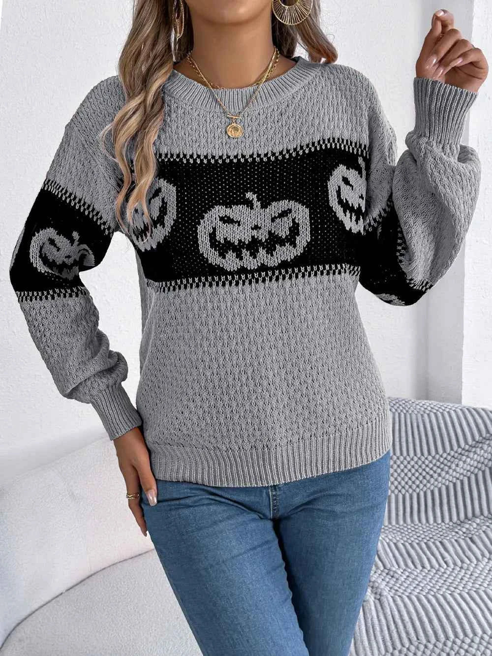 Pumpkin Round Neck Long Sleeve Sweater 15a1466f-0c26-488a-b4b4-9d24bc4d1bae-Max