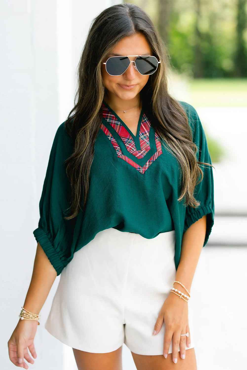 Evergreen Contrast Plaid Patchwork V Neck Half Sleeve Blouse 15a1c23ff2eca632