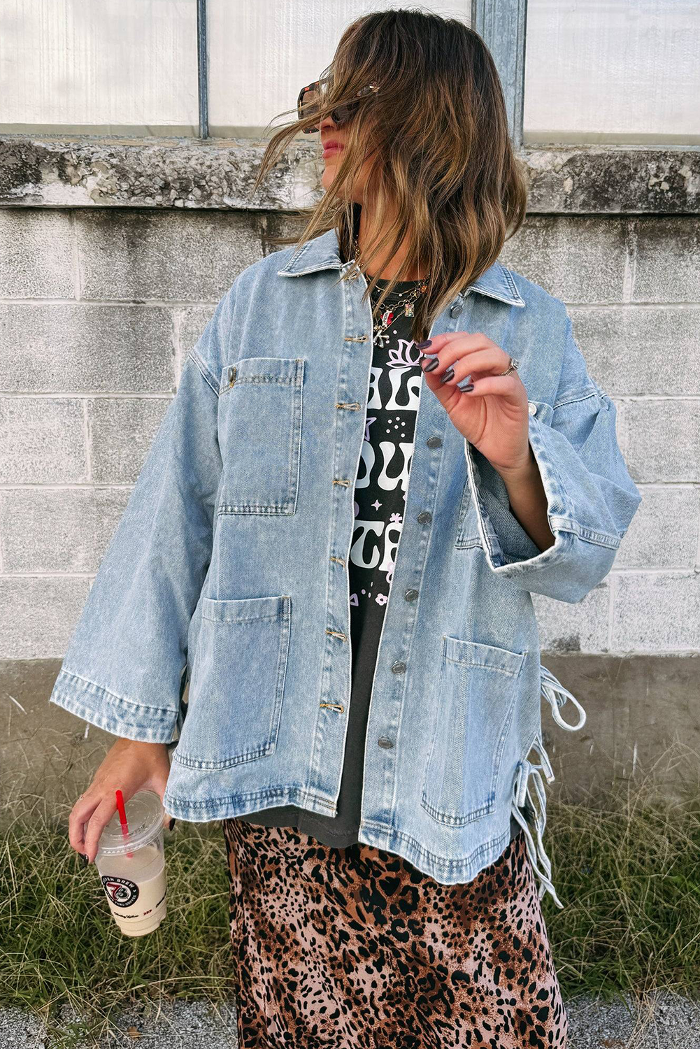 Beau Blue Multi Patched Pockets Side Tie up Boyfriend Style Denim Jacket 15a6423c59581da9