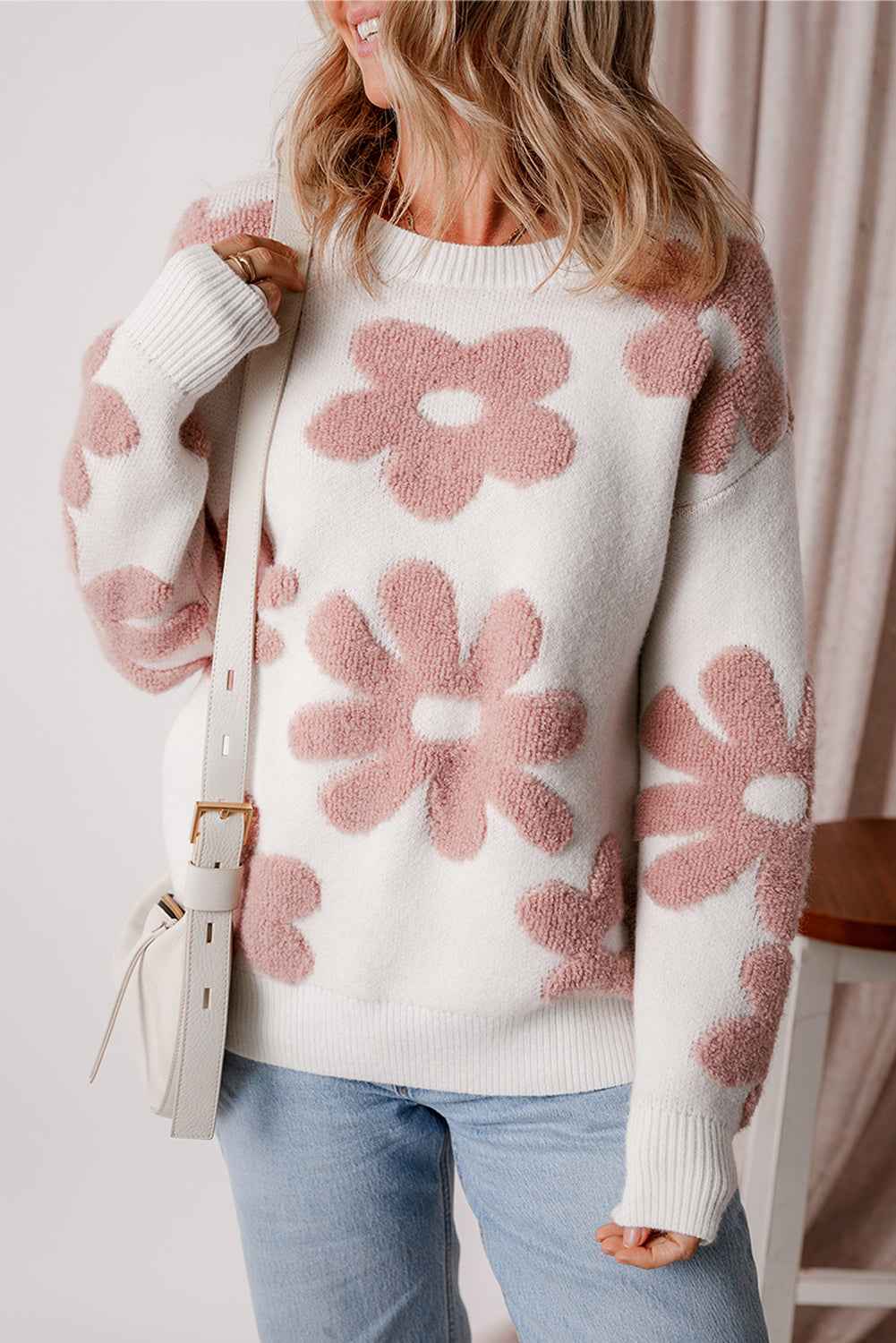 White Vintage Flower Drop Shoulder Loose Sweater 15ab47ea9acf4ec6
