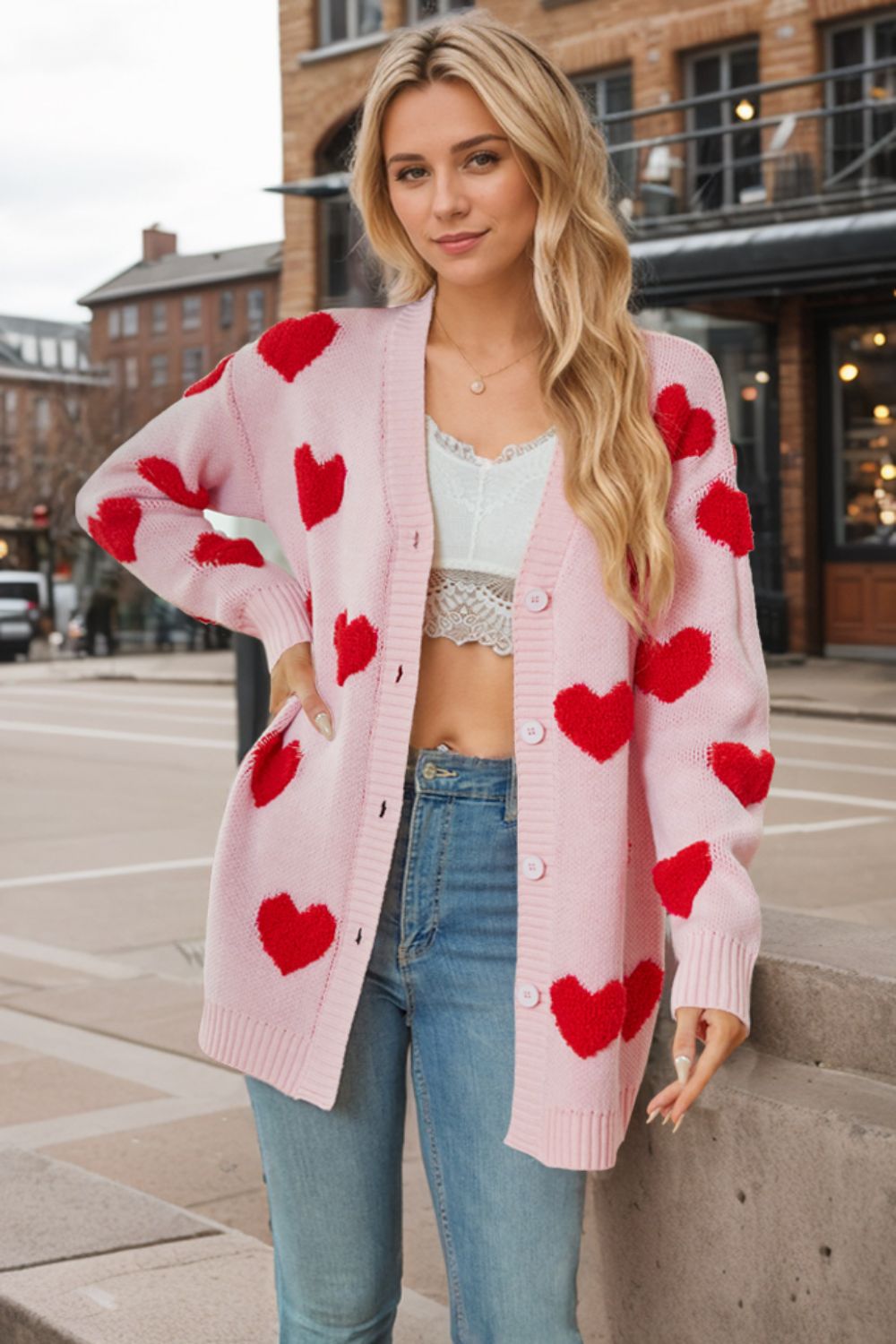 Heart Button Down Long Sleeve Cardigan