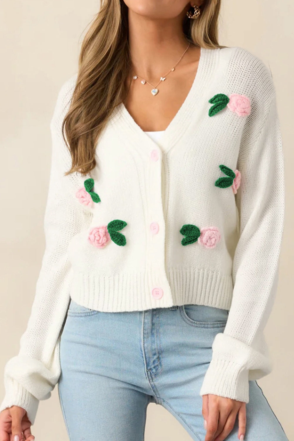 White 3D Flower Decoration Sweater Cardigan 15b519e527523eb7