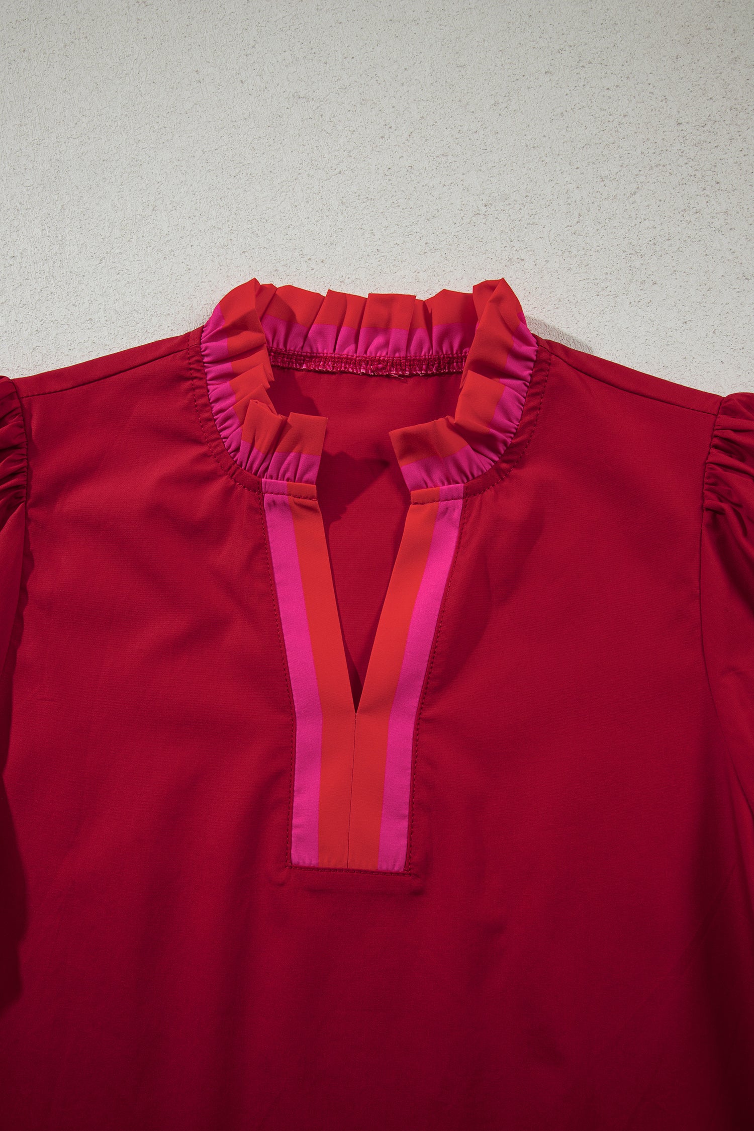 Fiery Red Striped Frilled Collar Ruffled Short Sleeve Blouse 15b5382655e136f9