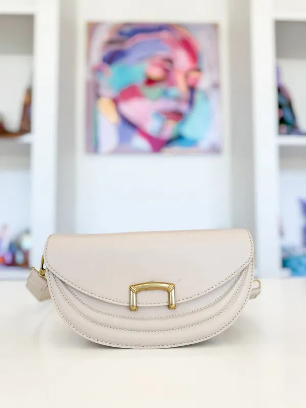 Fame Buckle Closure Crescent Faux Leather Crossbody Bag Beige One Size 15b541a0-d72f-4ca1-937b-b9f2551304a4-Max