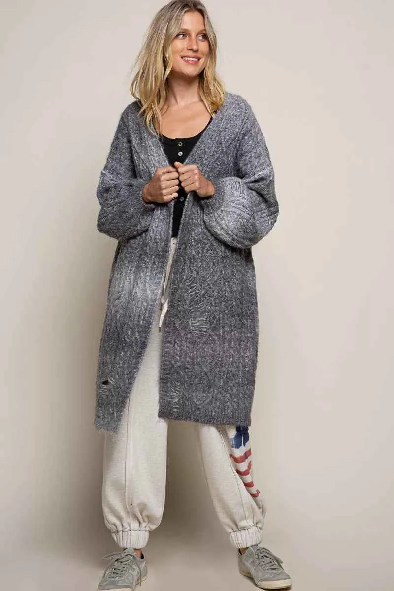 POL Distressed Cable-Knit Ombre Dying Cardigan