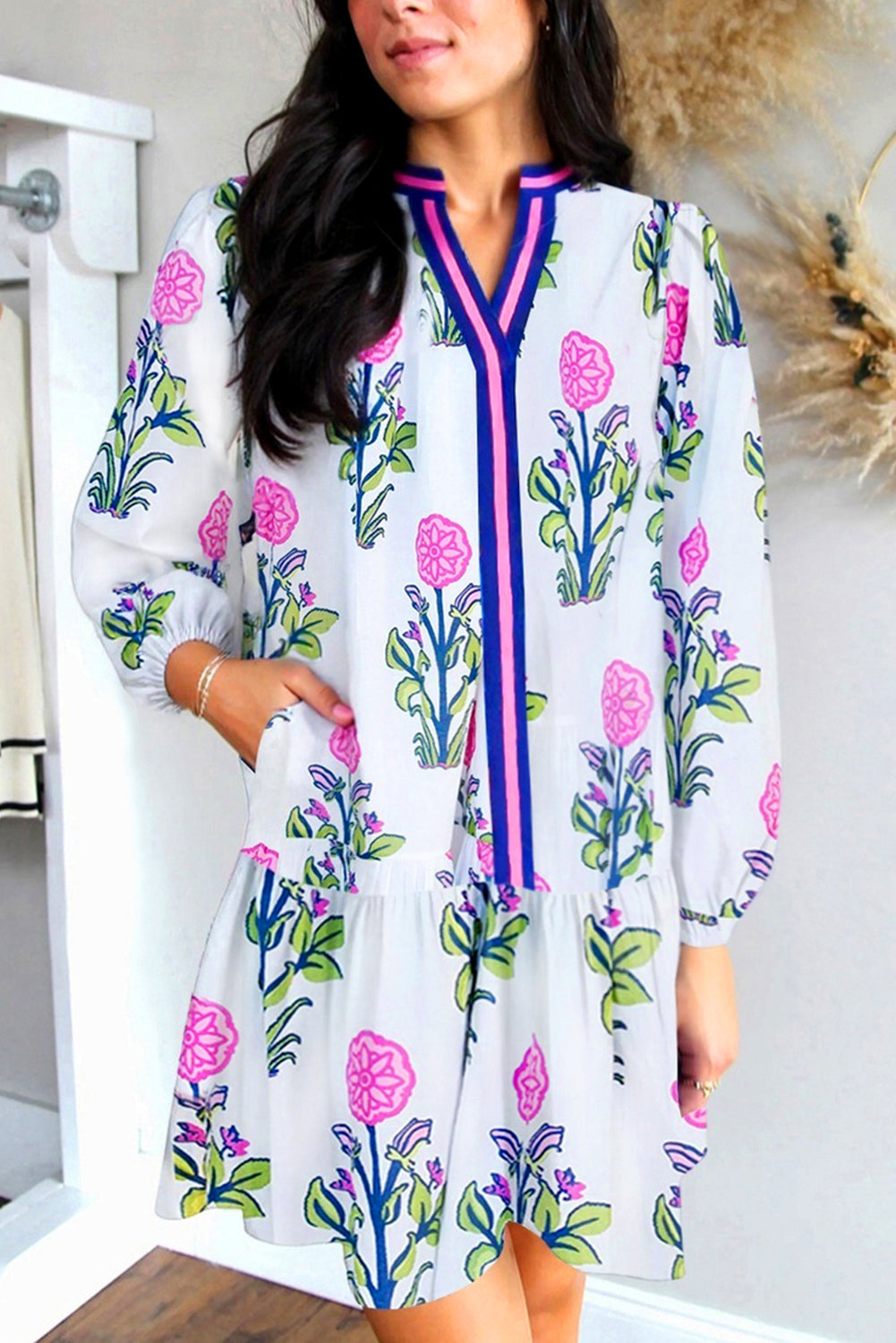 Sky Blue Floral Print Pop of Color V Neck Mini Dress White 100%Polyester 15b7a708b58d6503