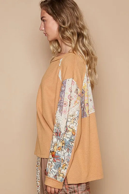 POL Waffle-Knit Lace Detail Round Neck Top 15b9b76c-8c6e-4b42-9c8f-30ed11c5a3ba-Max