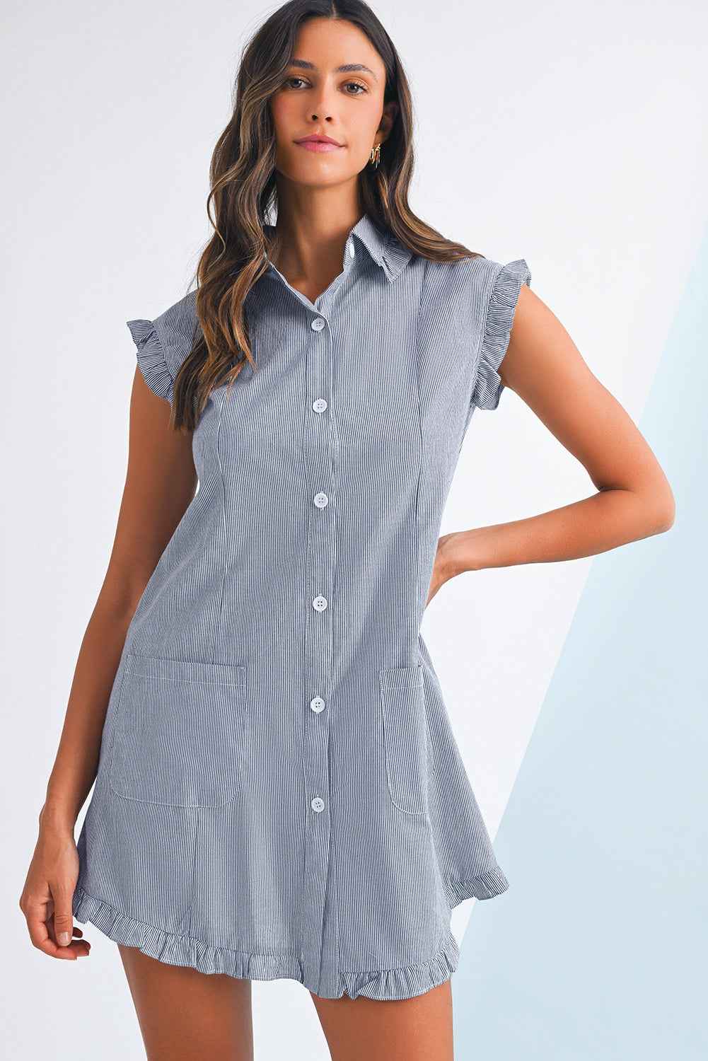 Green Stripe Frill Trim Pocket Button Up Mini Dress 15bd229878166253