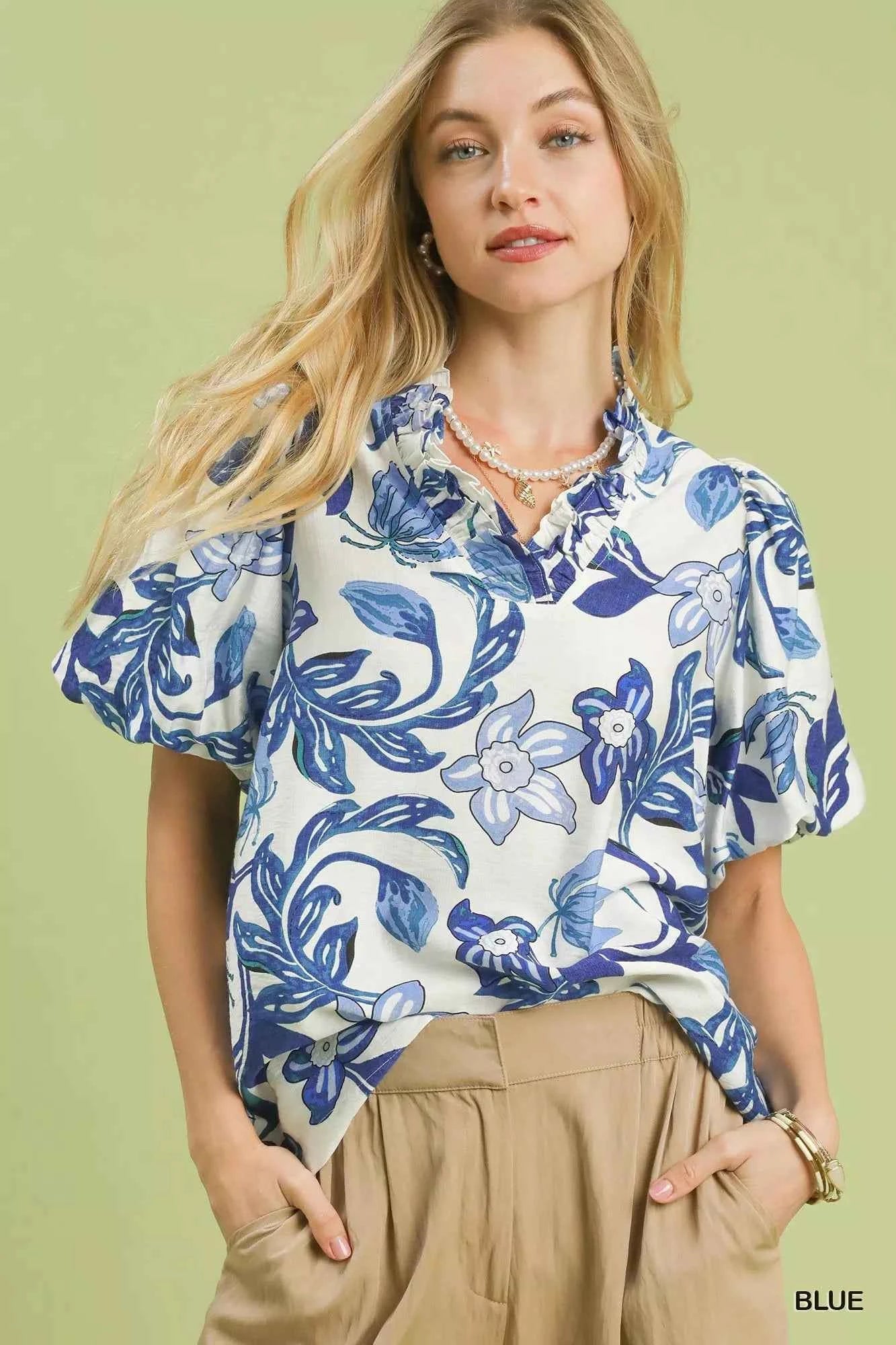 Lush Blossom Print Puff Sleeve Top with Ruffle Trim Detail BLUE 15be5e16-b1ae-456e-9479-d0625064b6fb-Max-Origin