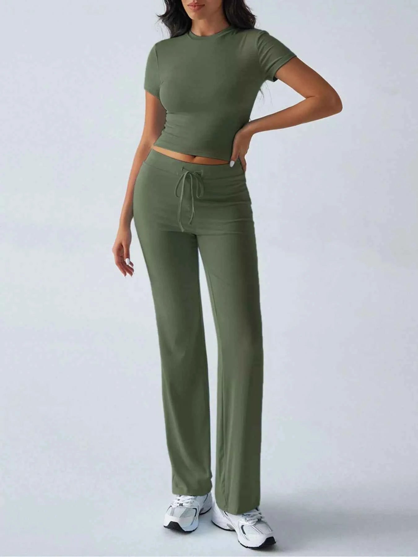 Mock Neck Short Sleeve Top and Pants Set Moss 15be887b-bea1-445e-9d1a-70f5389bcacf-Max-Origin