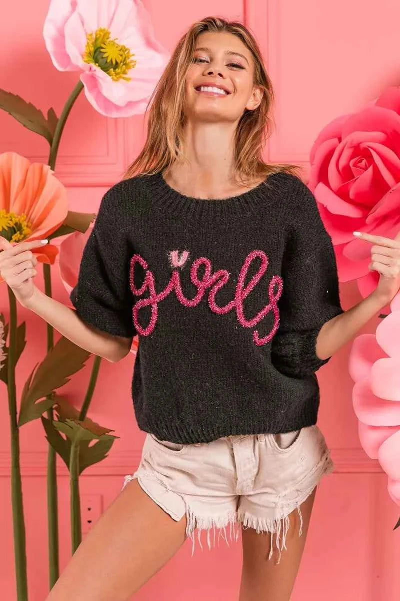 BiBi Metallic Letter Short Puff Sleeve Hairy Sweater 15c44bfe-09da-4550-8830-cf521f919bb0-Max-Origin