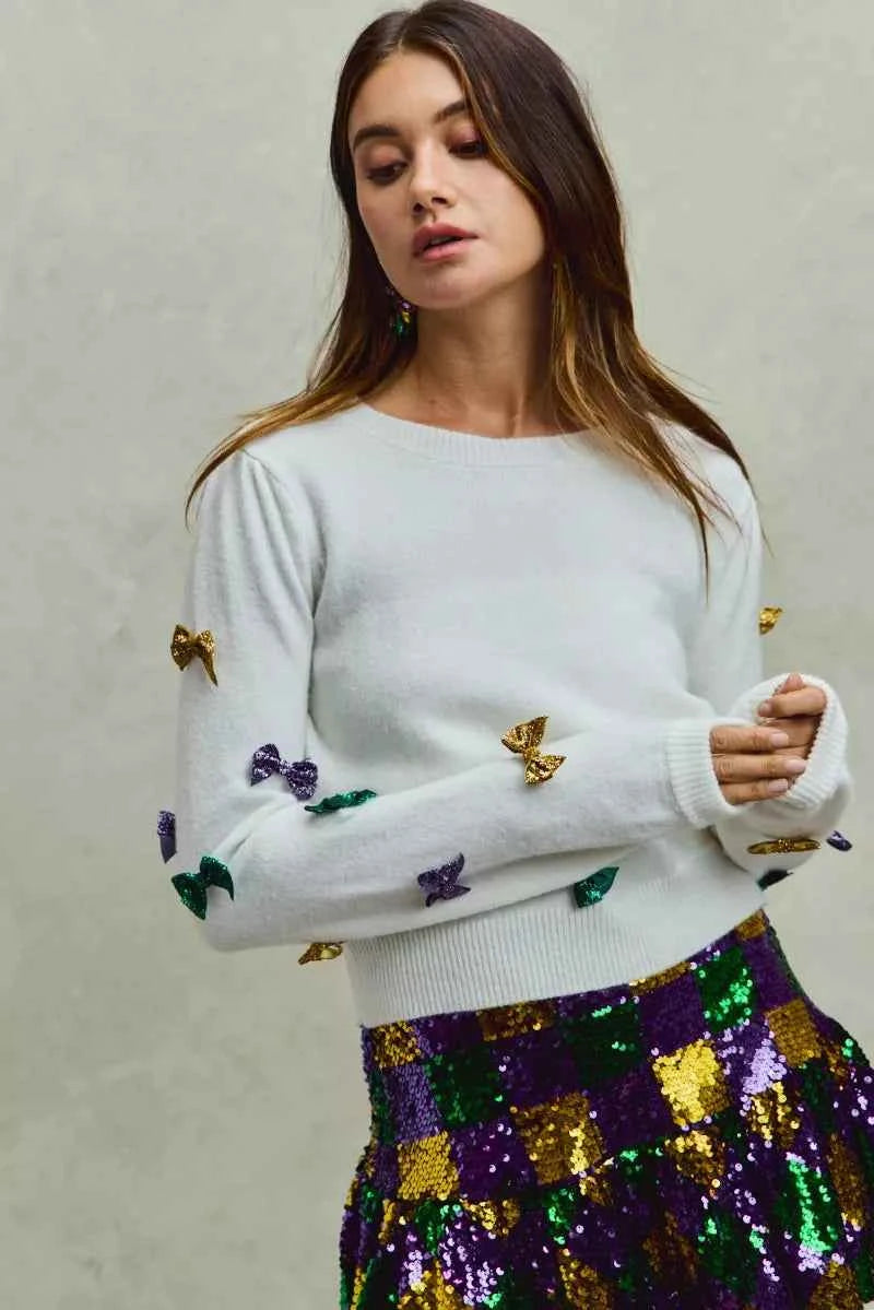 SO ME Mardi Gras Glitter Bow Ribbon Sweater Knit Top 15c46f2200da4adf8f84e06304909276-Max-Origin
