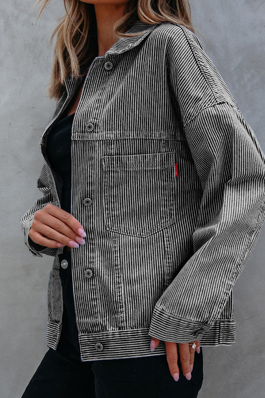 Blue Stripe Washed Oversize Pocketed Denim Jacket 15c7759a7169a56a