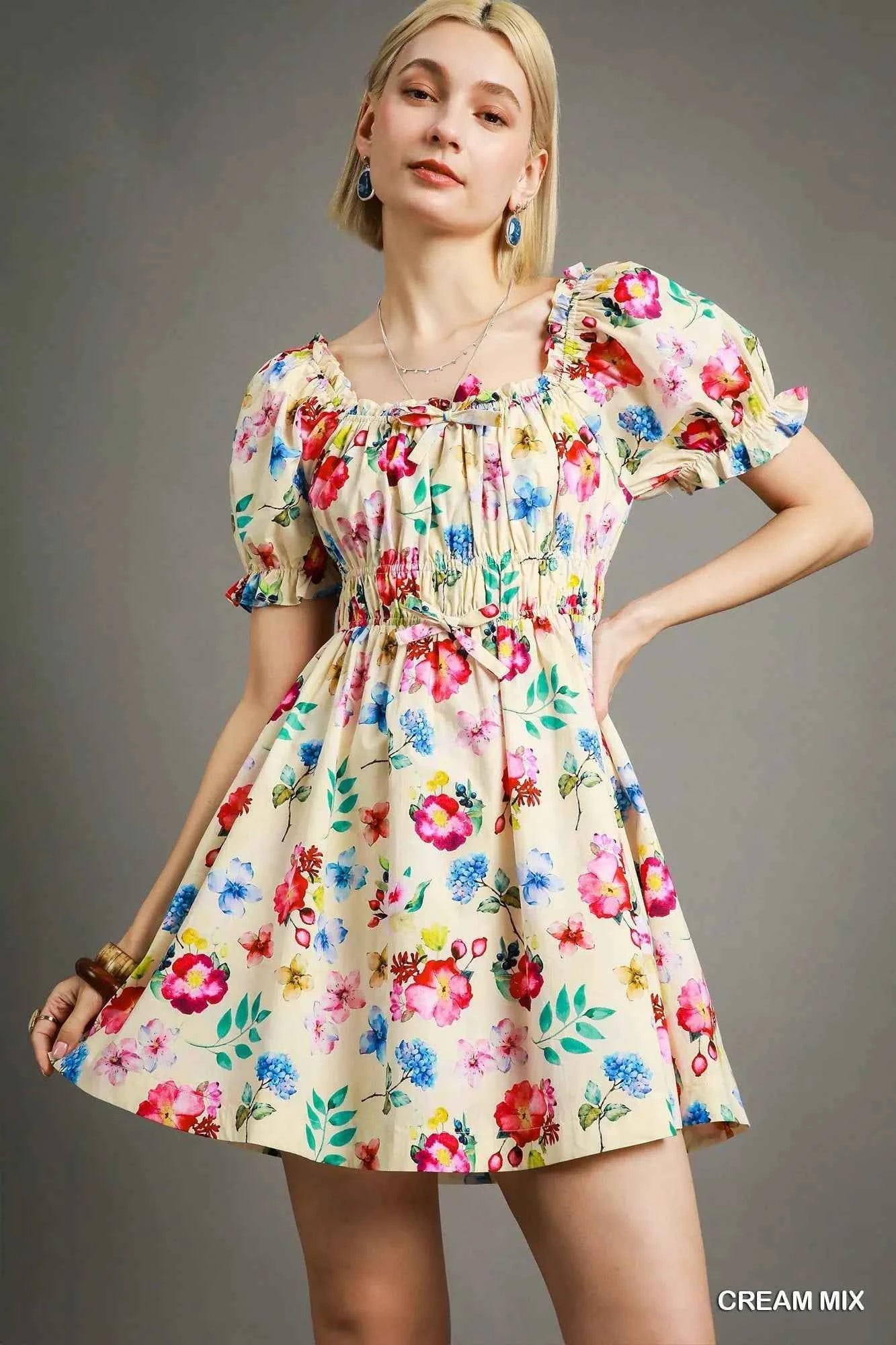 Umgee Floral Print Puff Sleeve Mini Dress Cream 15c77992-53af-445a-ba54-a86dc7c94934-Max-Origin