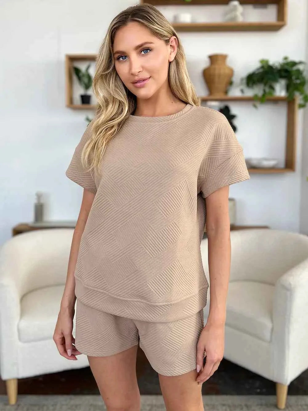Double Take Full Size Texture Short Sleeve T-Shirt and Drawstring Shorts Set 15c9cb8d-3ada-4b8c-8fd4-3a81707ec056-Max