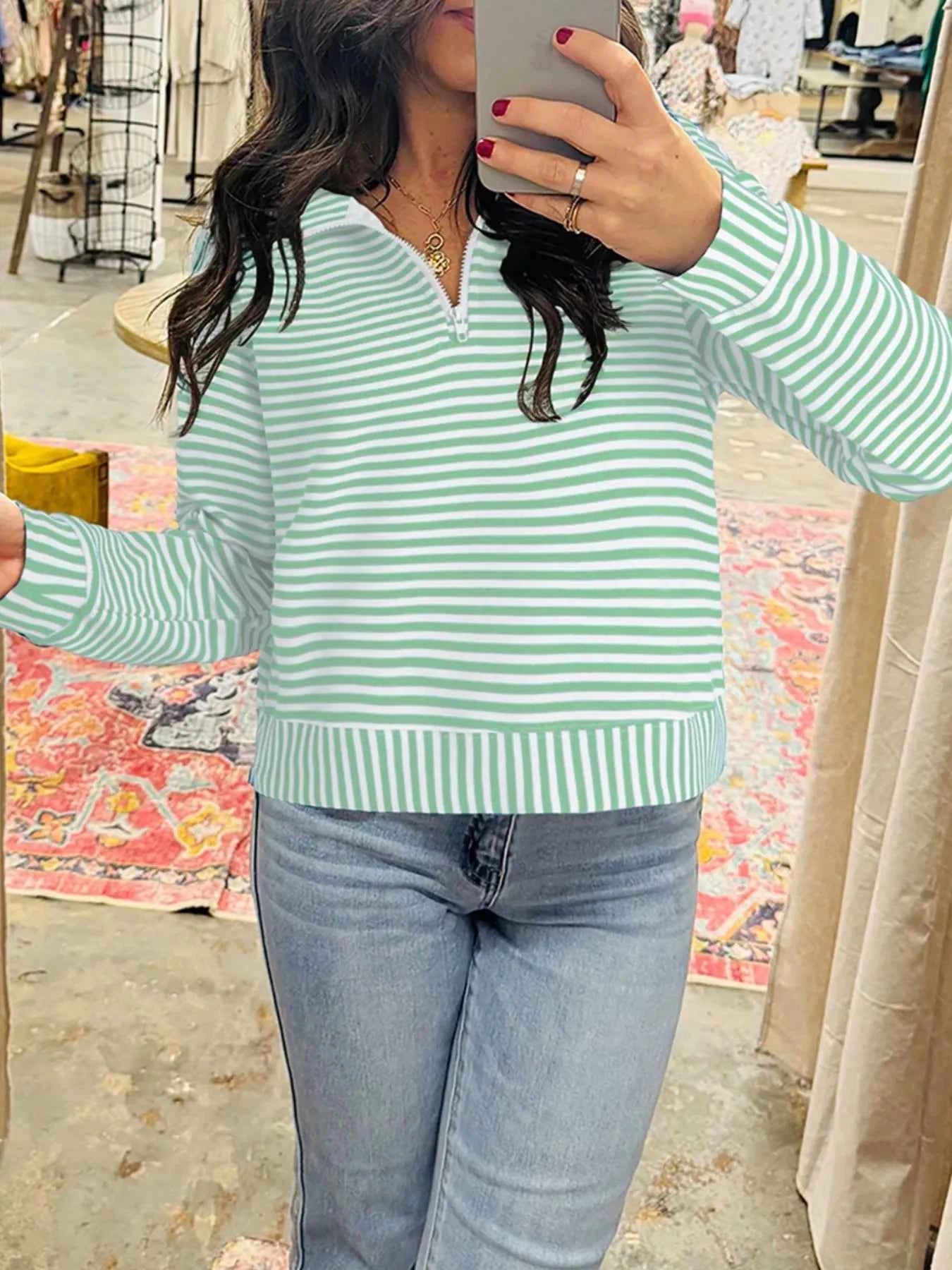 Stripe Quarter Zip Collar Long Sleeve Top 15ca1669-1409-4c53-8931-782759574e69-Max-Origin