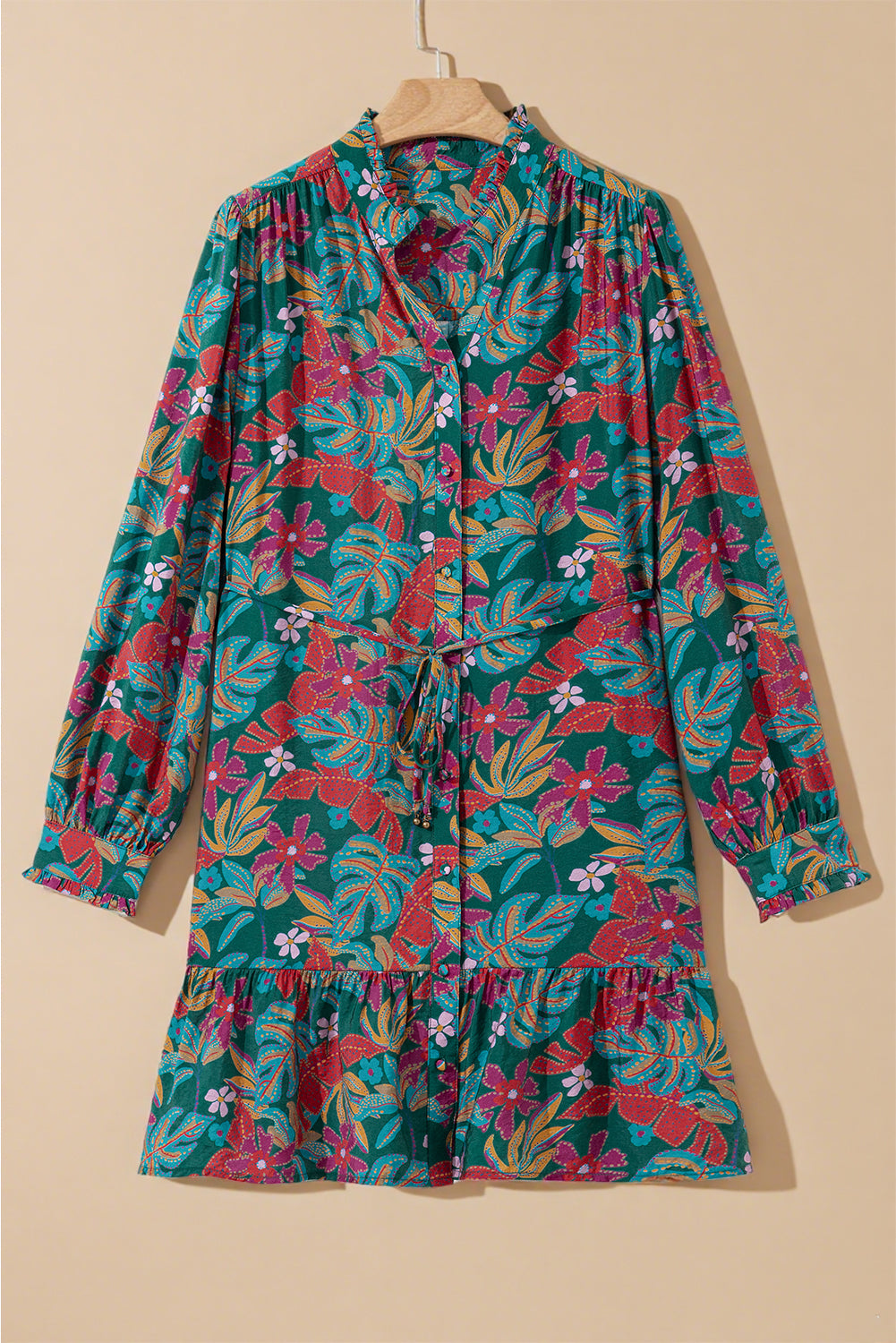 Green Floral Frill V Neck Puff Sleeve Ruffle Mini Dress 15d0306743837596