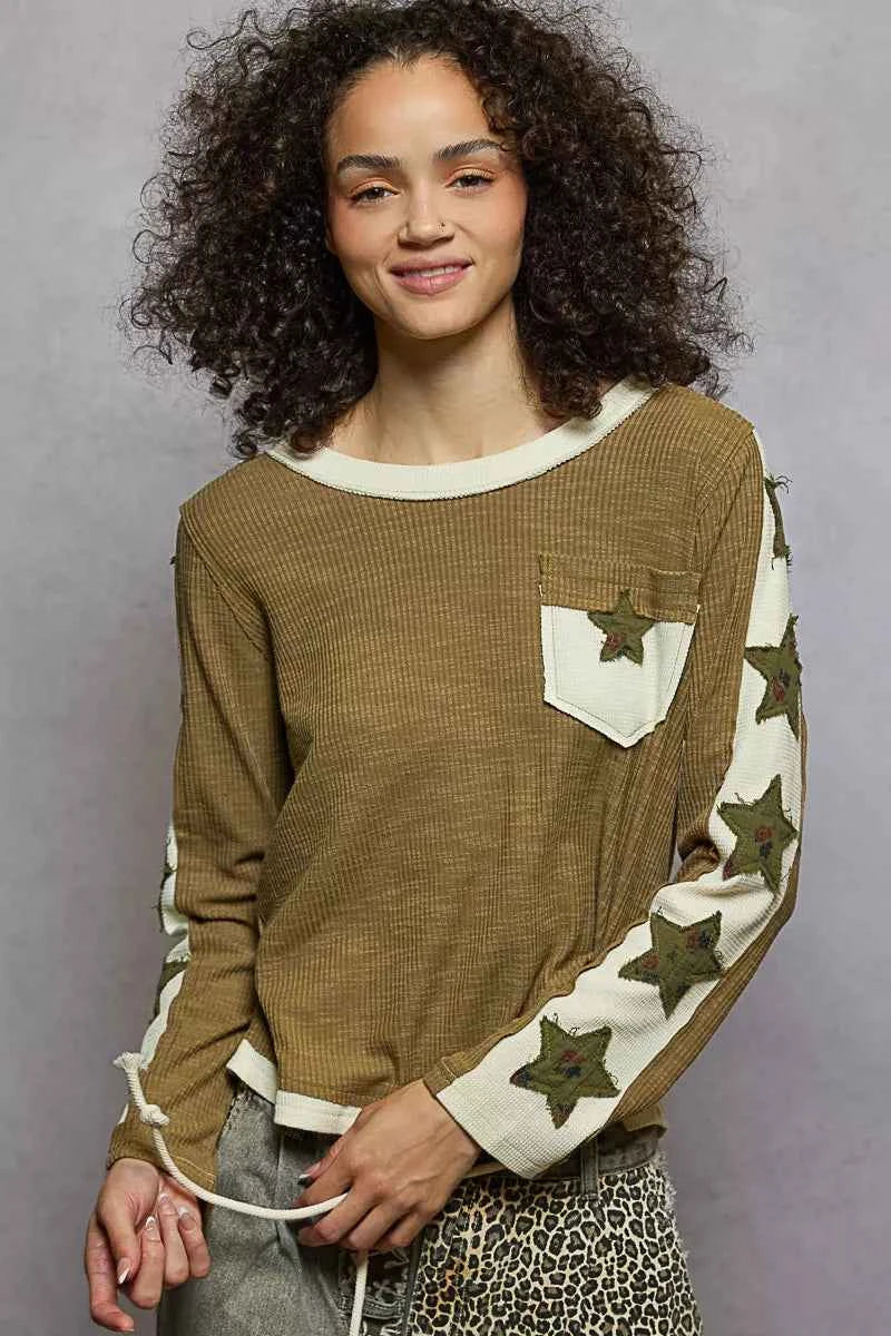POL Round Neck Long Sleever T-Shirt with Star Patch OLIVE 15d566a1-5a1b-43b0-9293-7e0adc671f34-Max-Origin