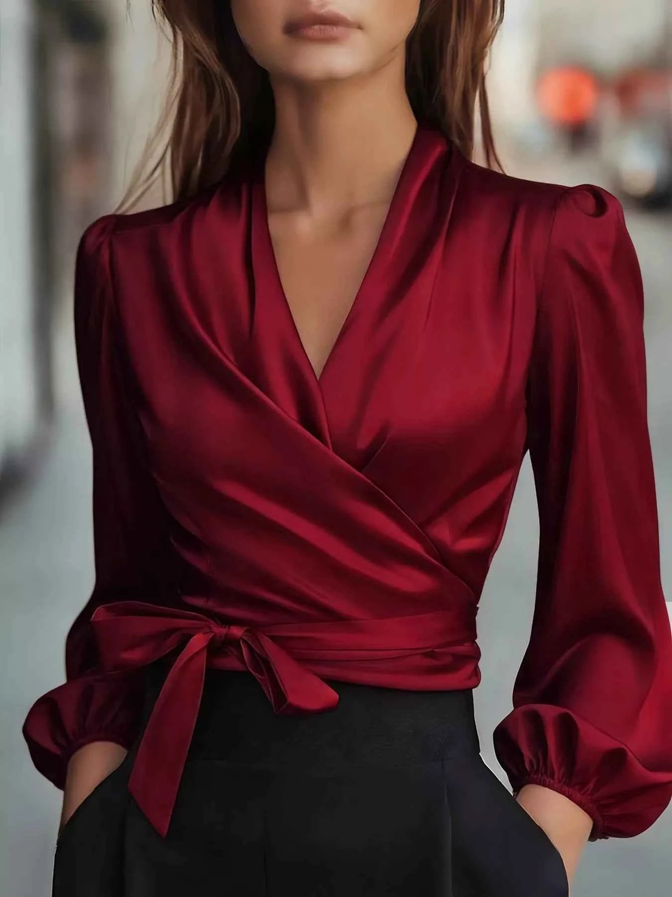 Satin Tied Balloon Sleeve Blouse Wine Red 15d6144afdd74345bab4e6e5b77dd1f4-Max-Origin