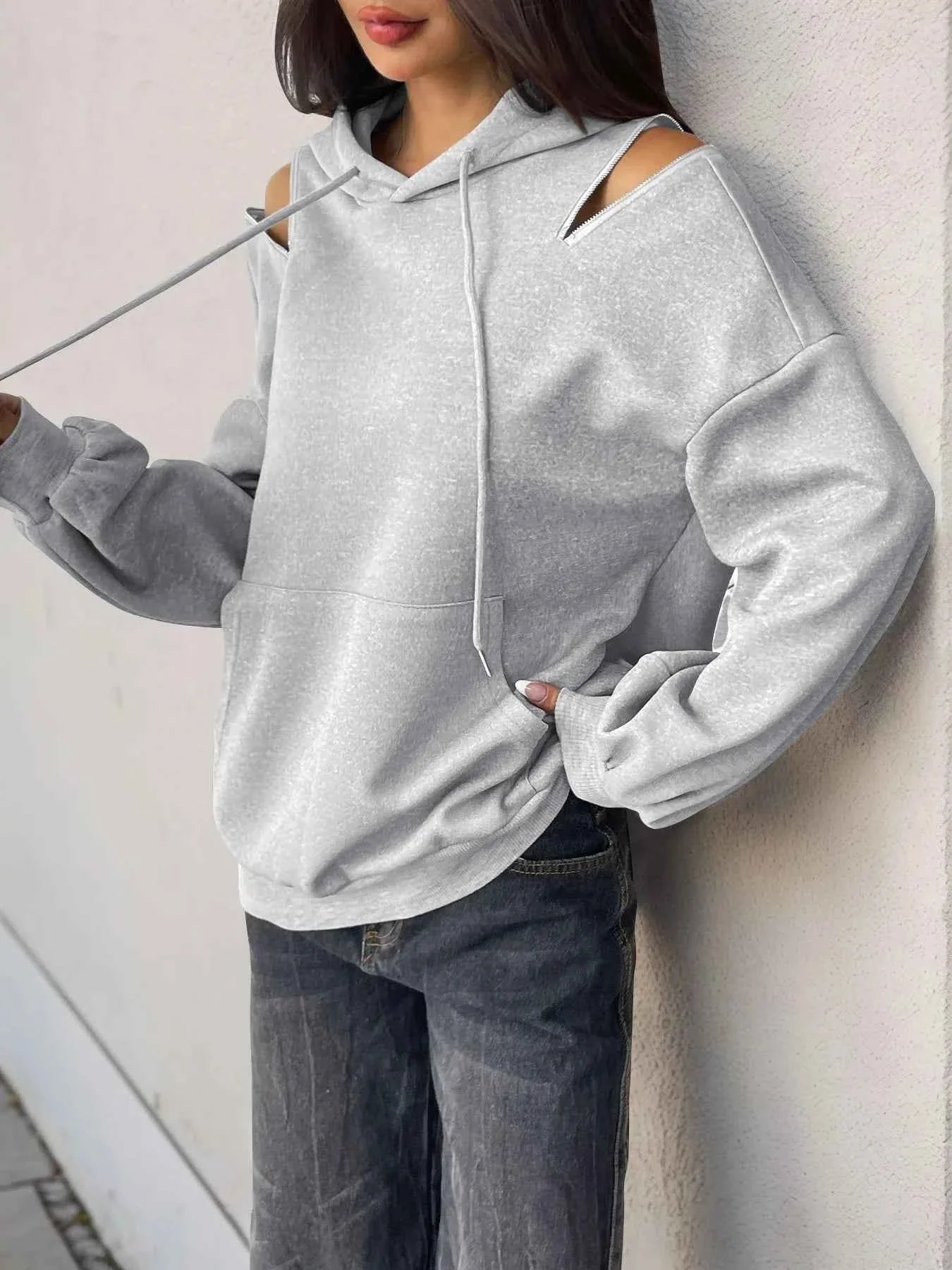 Drawstring Zip Detail Cold Shoulder Hoodie 15d6db92b8824adea6b9a85913f45878-Max-Origin