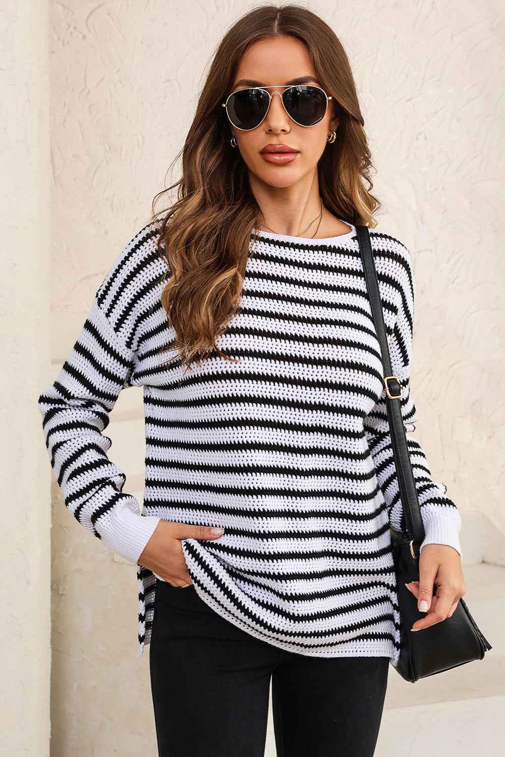 White Striped Knit Split Hem Baggy Sweater 15dc996dd73807c2