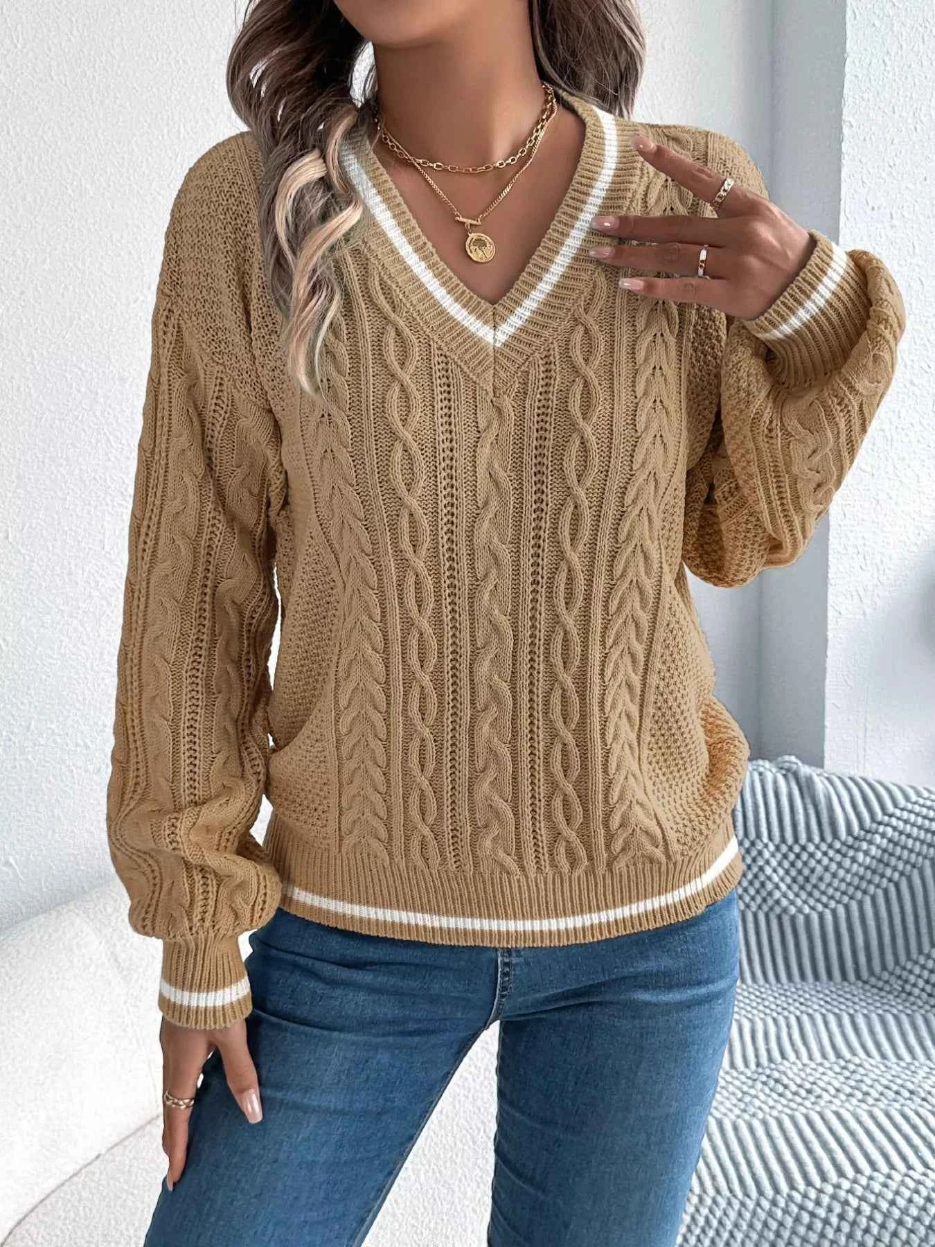 Cable Knit V-Neck Long Sleeve Sweater 15dd1e81-307d-46cb-bf20-03758f31e75b-Max-Origin